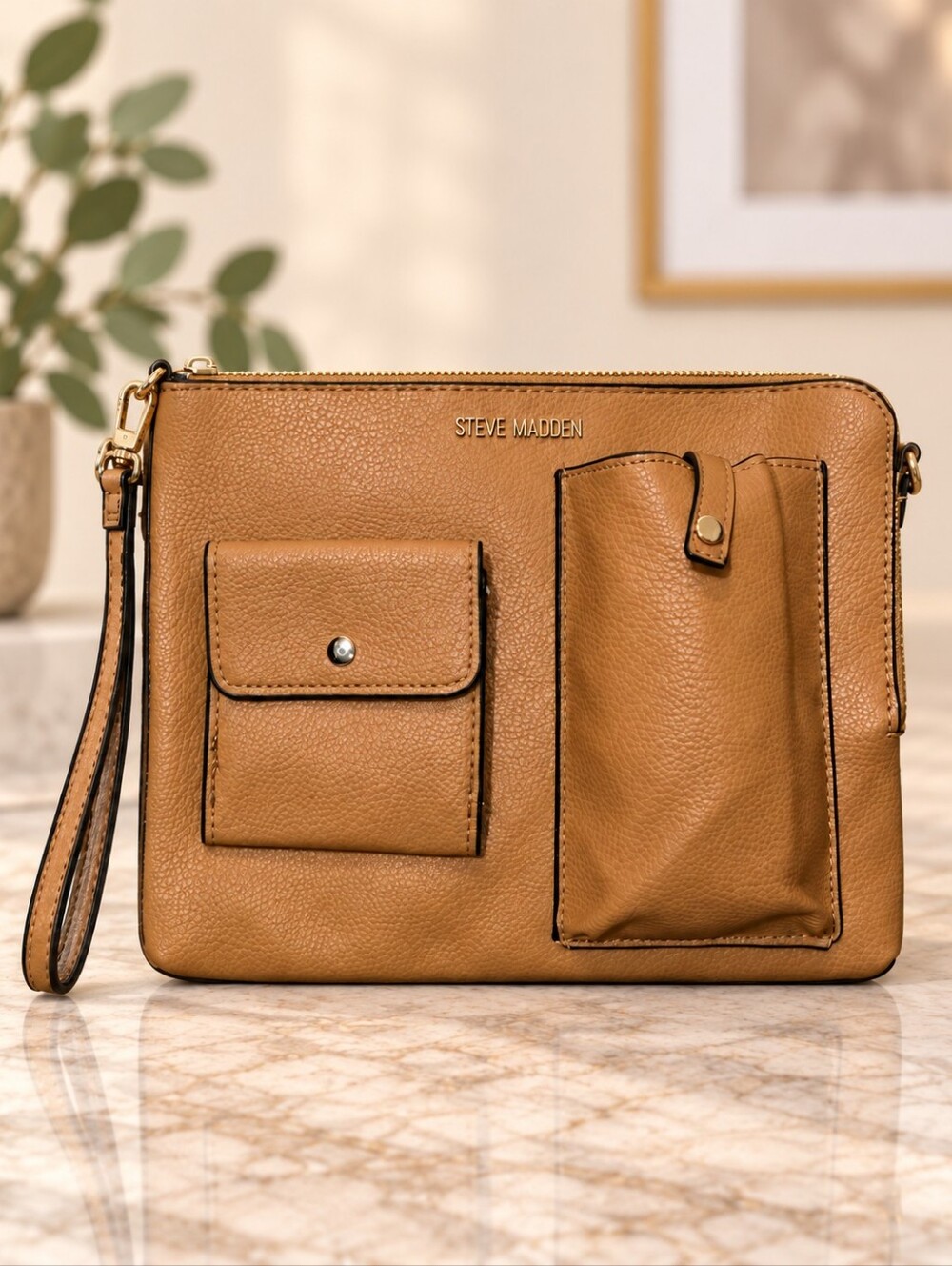 STEVE MADDEN | Camel Brown Pebbled Wristlet Clutch w/ Front Pockets - NWOT